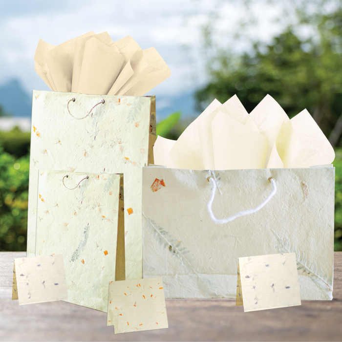 Handmade Lokta Paper Gift Bag with Tissue and Greeting Card Set I Pack of 3 I  All Handmade with Tree Free Lokta Paper and adorned with Real Flower Petal & Leaves for Any Occasion