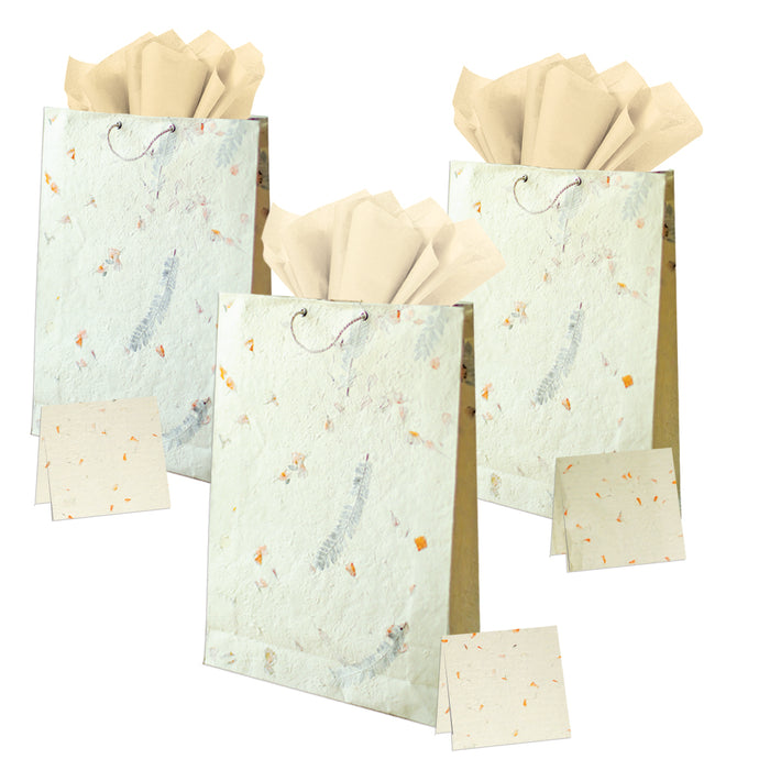 Handmade Lokta Paper Gift Bag with Tissue and Greeting Card Set I Pack of 3 I  All Handmade with Tree Free Lokta Paper and adorned with Real Flower Petal & Leaves for Any Occasion