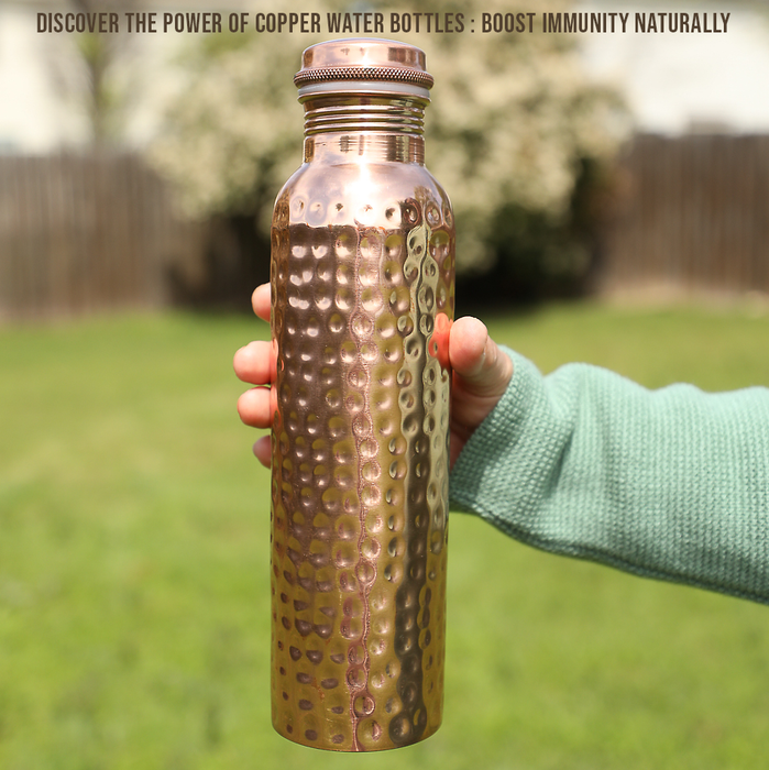 Copper Water Bottle - 34 Oz  - A Hammered Ayurvedic Pure Copper Vessel For Drinking