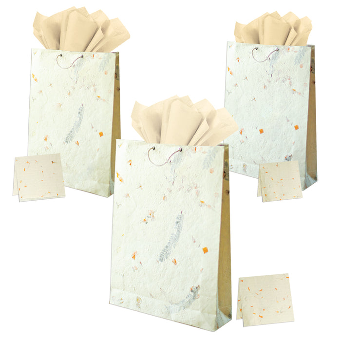 Handmade Lokta Paper Gift Bag with Tissue and Greeting Card Set I Pack of 3 I  All Handmade with Tree Free Lokta Paper and adorned with Real Flower Petal & Leaves for Any Occasion